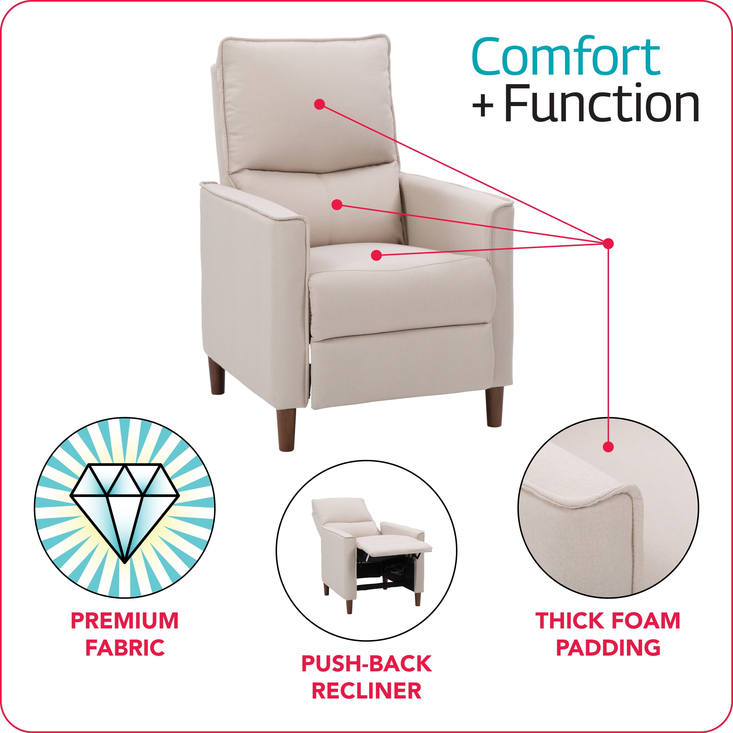 CorLiving Alder Upholstered Indoor Push Back Manual Recliner with Wood Legs, Beige