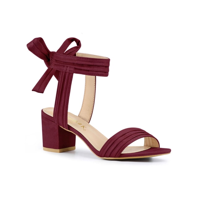 BLISSFUL STEP Women's Open Toe Ankle Tie Back Block Heels Sandals Burgundy(Size 9)