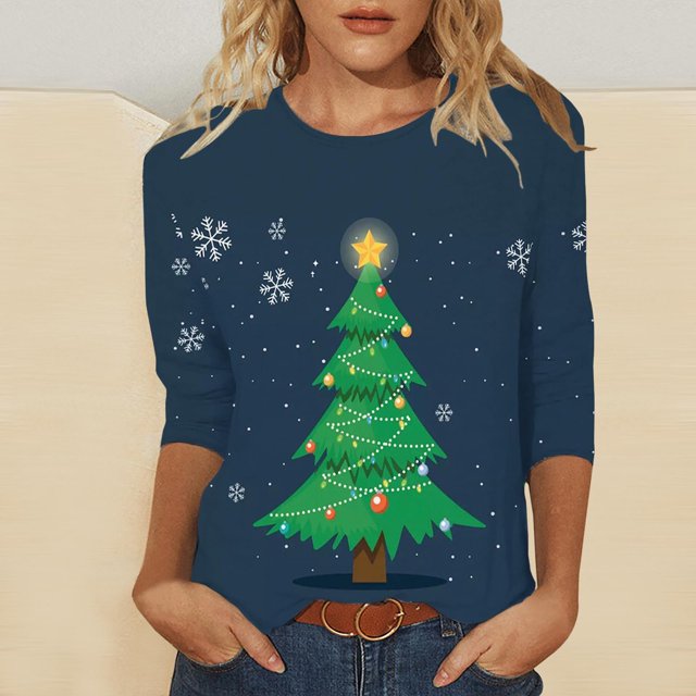 Chemises pour Femmes Décontractées à Imprimé de Noël Amples à Manches Trois Quarts à Col Rond Hauts de Style Professionnel Décontracté pour Femmes en Liquidation