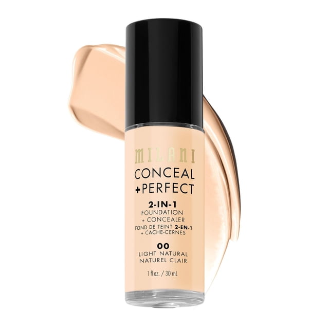 Milani Conceal + Perfect Fond de Teint + Cache-Cernes 2-en-1 en Teinte Naturel Clair (00), en Bouteille Transparente avec Capuchon Noir, Montré avec un Éclat de Fond de Teint beige derrière sur Fond Blanc, Soulignant Sa Couvrance Moyenne à Complète et une Finition Mate Naturelle.