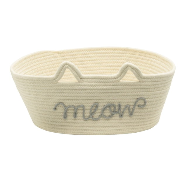 Cotton Rope Storage Basket, Cat's Meow Pet Theme, oval cream cotton rope basket with built-in cat ear handles and light grey swirly 'meow' lettering on the front, measuring 15.75 in. L x 11.5 in. W x 7 in. H, suitable for storing pet toys, treats, or household items.