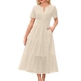 thumbnail image 1 of biudgviw Robes Maxi pour Femmes Été Manches Courtes Col en V Oeillets Ajouré à Étages Robe Trapèze Fluide Robe de Plage Vacances, 1 of 5