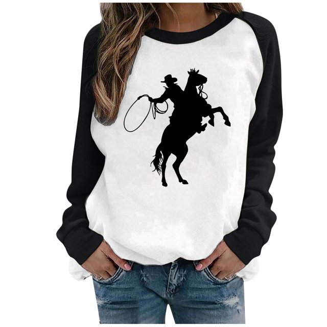 CEHVOM Mode Femmes Décontracté Imprimé Col Rond Manches Longues T-Shirt Ample Blouse Pull Tops Chandails en Molleton Sans Capuche Liquidation