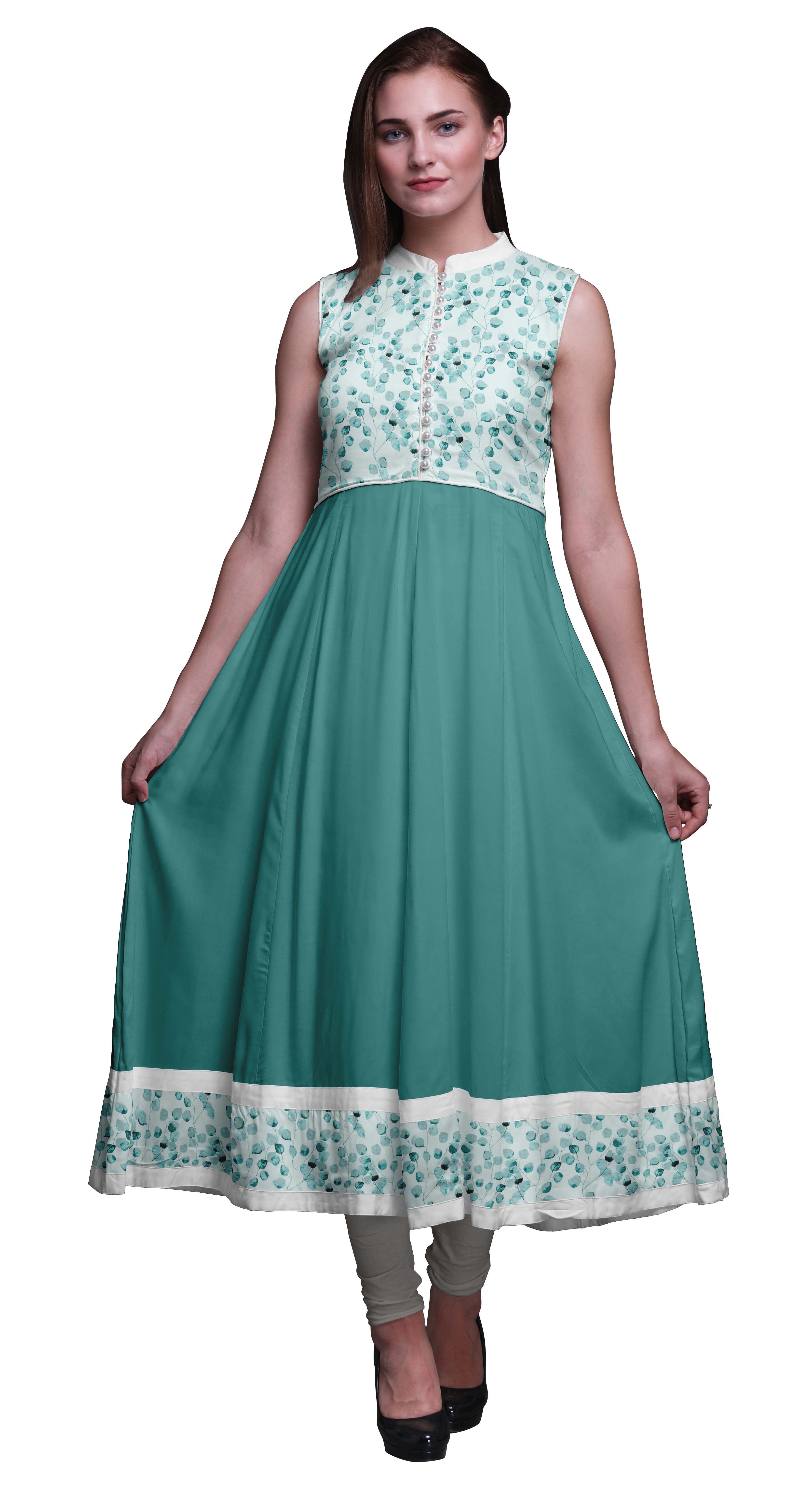 Bimba Kurti Longue Indienne Vert Aigue-Marine2 Feuilles pour Femmes Tenue de Fête Imprimée Sans Manches Anarkali Robe Kurti Petite