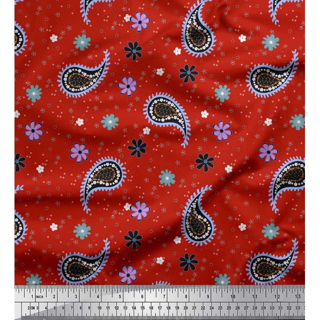 Soimoi Red Poly Georgette Fabric Star,Paisley & Cosmos Floral Print Sewing Fabric Yard 52 Inch Wide