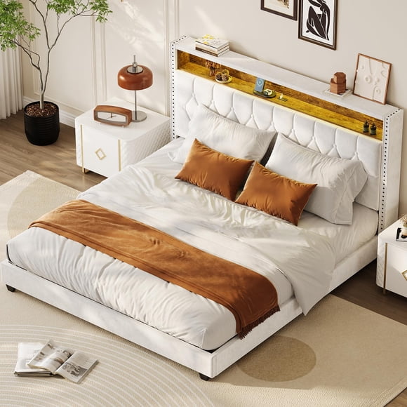 TROPOW Cadre de Lit Grand Format, avec Lumières DEL et Station de Recharge, Cadre de Lit Plateforme Rembourré en Velours avec Tête de Lit de Rangement et Clous Décoratifs à Ailes, Aucun Sommier Requis/lattes en Bois, Blanc Cassé