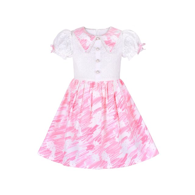 Robe Fille Bouton Perle Rose Col Pointu Dentelle Manches Bouffantes 12 Ans