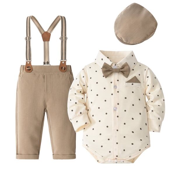Splozh Baby Toddler Boys Christmas Outfit Boys' Long Sleeved Shirt Wrapped Overalls Suit Fashionable Print Baby Gentleman Suit Khaki,9-12 Months