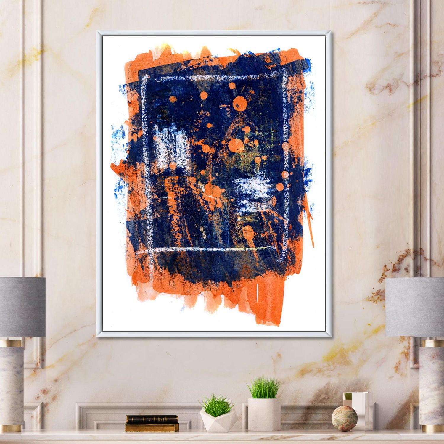 Designart Abstrait orange et bleu marine ART MURAL À CADRE FLOTTÉ