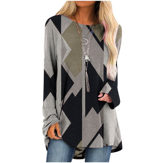 IROINID Deals Ladies Long Sleeve T Shirts Lounge Socket Geometry Printed Round-Neck Tops,Black
