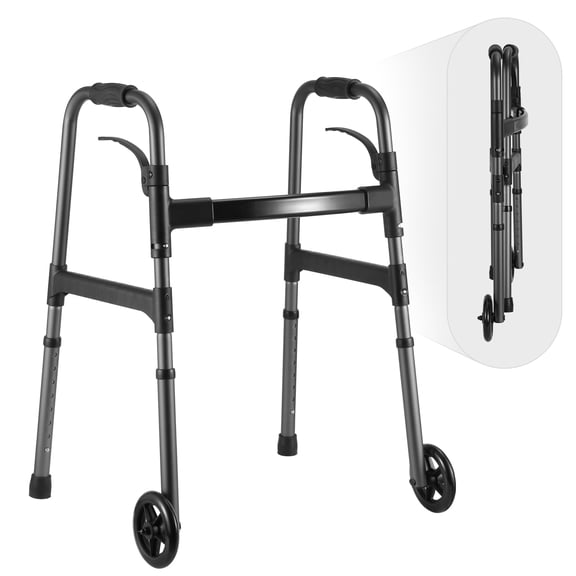 MaxKare Folding Walker with Wheels, 30.5"-37.5" Adjustable Height, 300lbs Weight Capacity, Lightweight for Senior, Gunmetal Grey