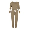 thumbnail image 4 of Posijego Ensemble Femme 2 Pcs Tenue Rayée Décontractée Manches Longues Col Ras du Cou Hauts Pantalons à Cordon Ensembles Détente P-5TG, 4 of 5
