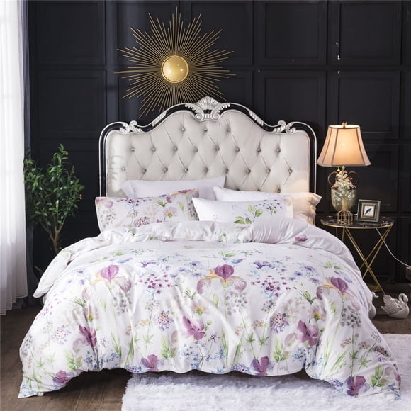 Floral Duvet Cover Set Queen Size Bedding Set White Microfiber Comforter Cover with Zipper Closure and Corner Ties
