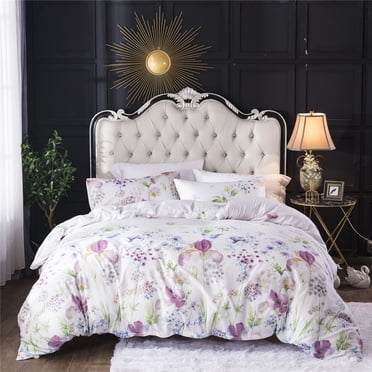 Ensemble de Housse de Couette Floral Ensemble de Literie Grand Lit Housse de Couette Blanche en Microfibre avec Fermeture Éclair et Attaches d'Angle