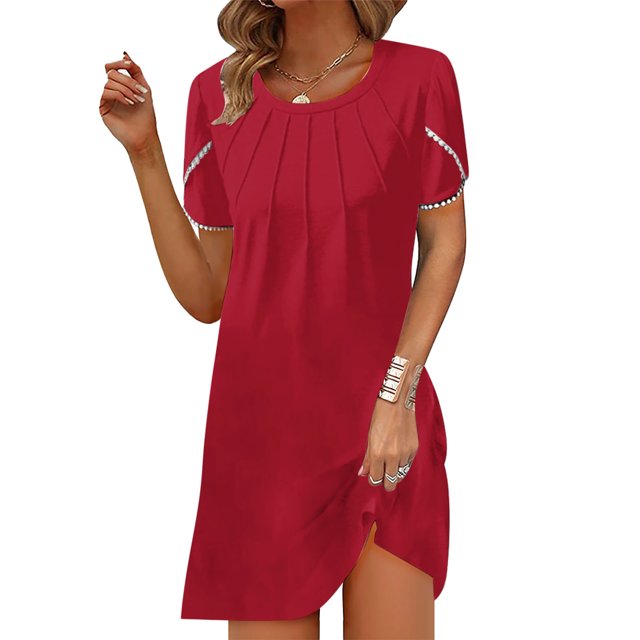 Gspmoly Robes pour Femmes, Nouvelles Robes d'Été Décontractées pour Femmes à Col Rond, Couleur Unie, Coupe Ample, Poitrine Plissée, Manches Courtes, Robe Formelle pour Femmes, Offres des Fêtes