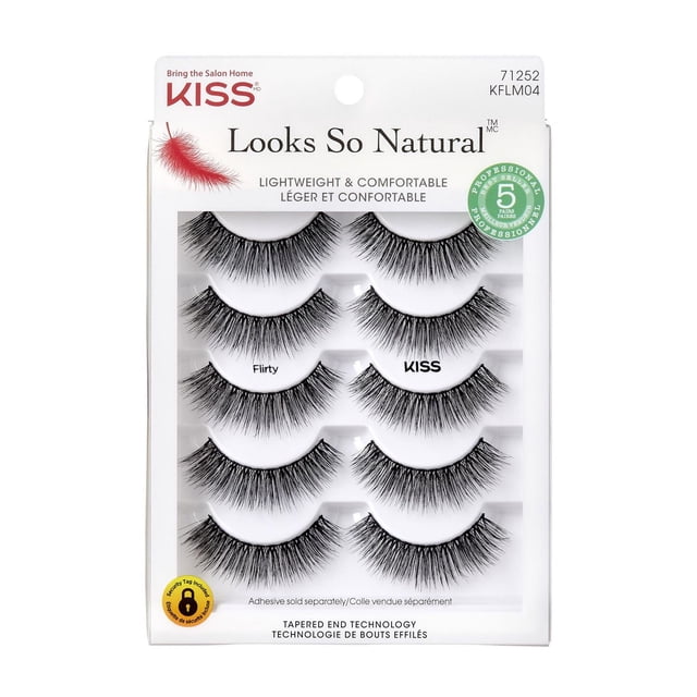 Kiss Looks So Natural - Multipack Flirty false eyelashes featuring five pairs of lightweight, tapered-end lashes for natural volume and seamless blending, suitable for professional eyelash extensions and reusable wear, in bilingual packaging.