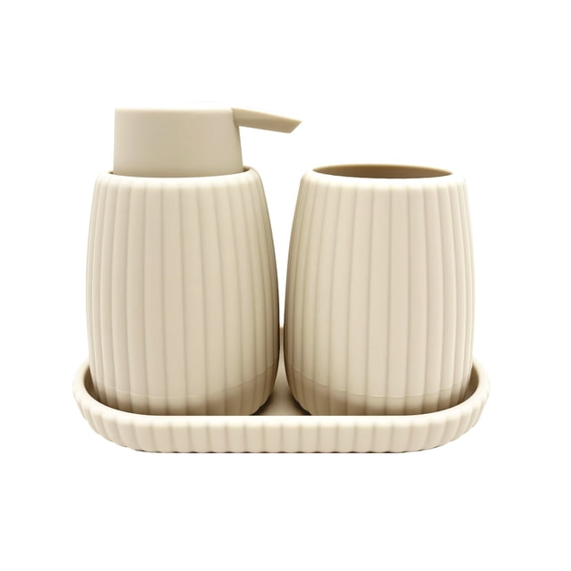 Mainstays 3-Piece Bathroom Accessory Set, French Oak, with soap dispenser, tumbler, and tray in beige ribbed plastic featuring non-slip rubber bottoms and easy-to-clean surfaces, suitable for organizing kids' bathrooms.