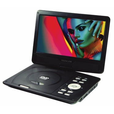 Lecteur DVD portable Proscan 10 pouces, écran pivotant, autonomie de 5 heures, lecteur de cartes SD USB, télécommande, adaptateurs allume-cigare et secteur inclus, noir