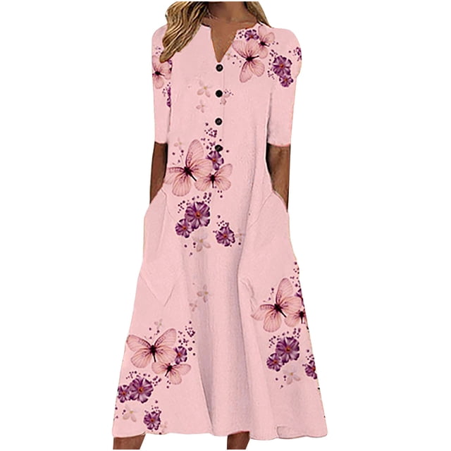 Babysbule Liquidation Robes d'Été pour Femmes, Mode Femmes Décontractée Ample Imprimé Papillon Col en V Manches Mi-Longues Boutons Poches Robe Longue