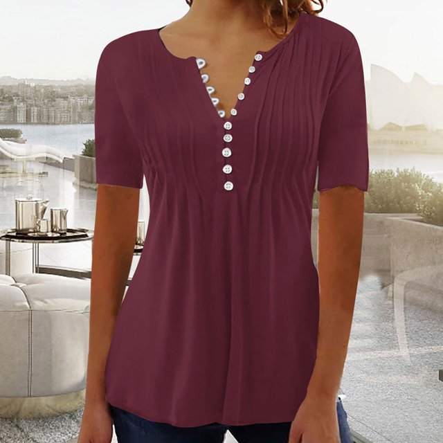 LSLJS Womens T Shirts Women's Fashion Casual Round Neck Pleated Solid Color Button Top Blouse