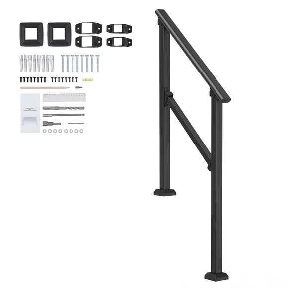 KFFKFF 2-3 Step Outdoor Handrails for Seniors, Black Steel Square Tube Design