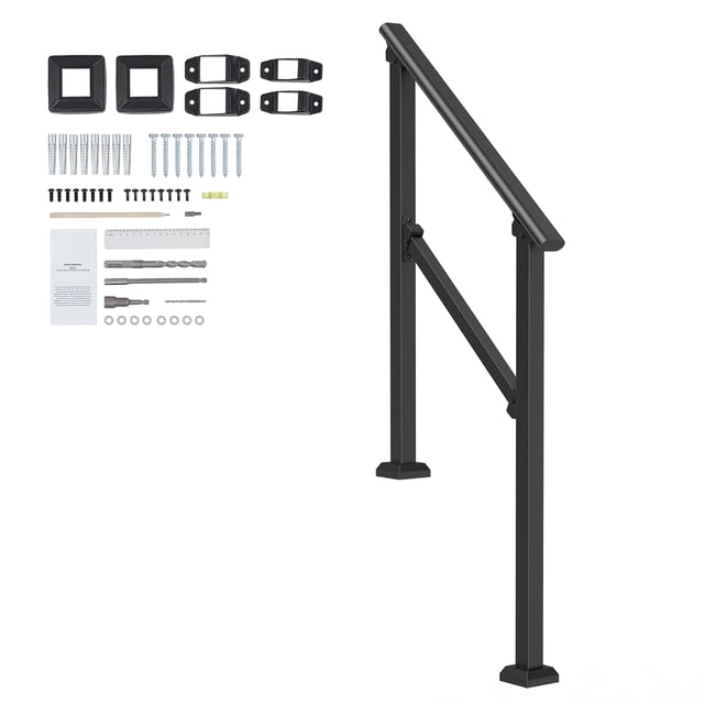 KFFKFF 2-3 Step Outdoor Handrails for Seniors, Black Steel Square Tube Design