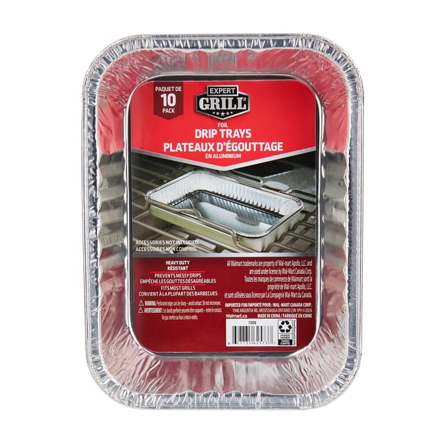 Expert Grill Small Foil Drip Trays 10 Pack with 10 rectangular heavy-duty recycled aluminum trays featuring crimped edges, designed to fit most grills and catch grease and drips for easy BBQ cleanup and maintenance.