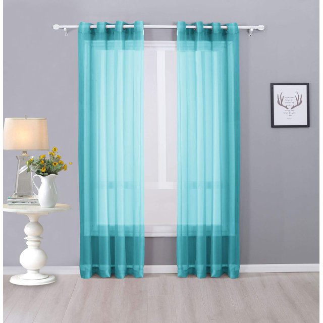 Interior Trends Ariana 2 Piece Sheer Voile Fully Stitched Window Panel Curtain Drape Set with Grommets (63" Length, Turquoise)