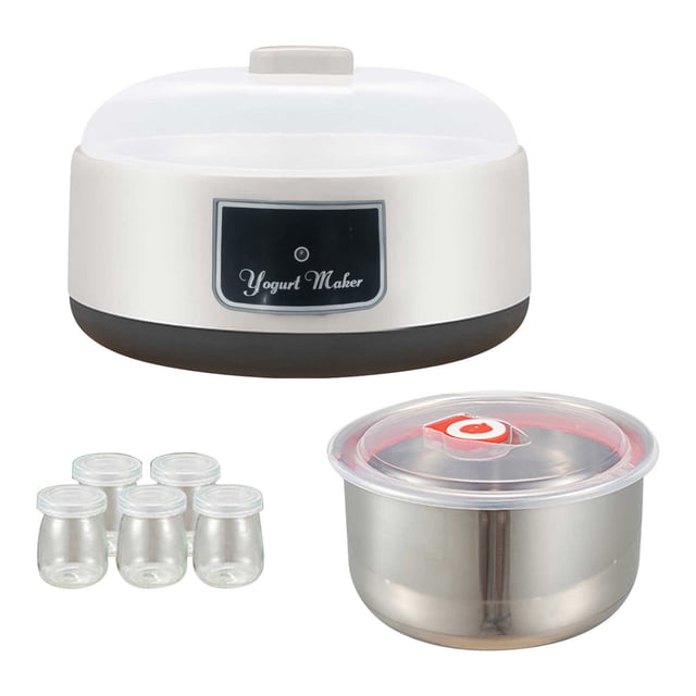 Matoen Home Automatic Yogurt Machine Mini Cup Multi-functional Homemade Natto Machine Small Fermenter. The image displays a yogurt maker with a white and black base, a transparent lid, and a control panel labeled 'Yogurt Maker.' It includes a stainless steel container with a clear lid and five small glass jars with plastic lids, perfect for preparing homemade yogurt or natto. Features include even heating and a 15W energy-saving system, making it a practical addition to any kitchen.