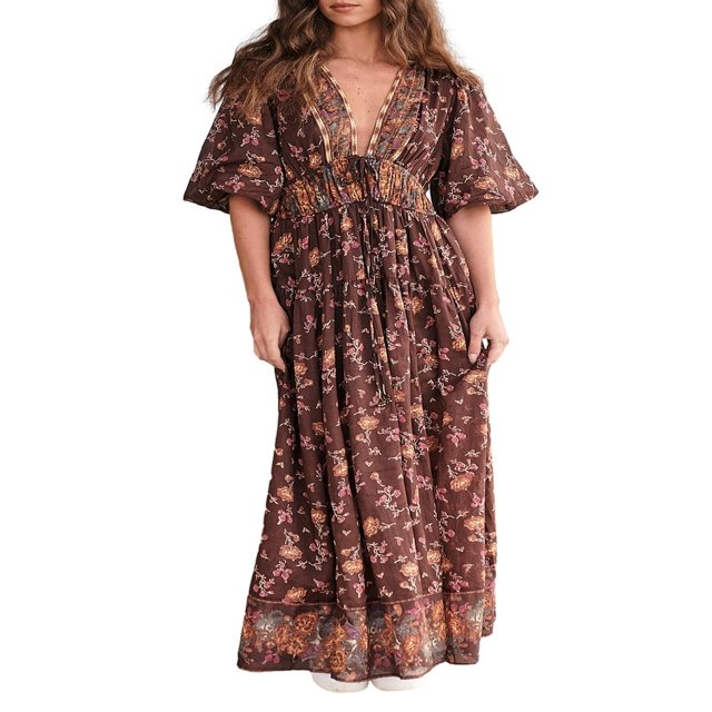 Robe d'Été Élégante pour Femmes à Manches Courtes et Décolleté en V Profond