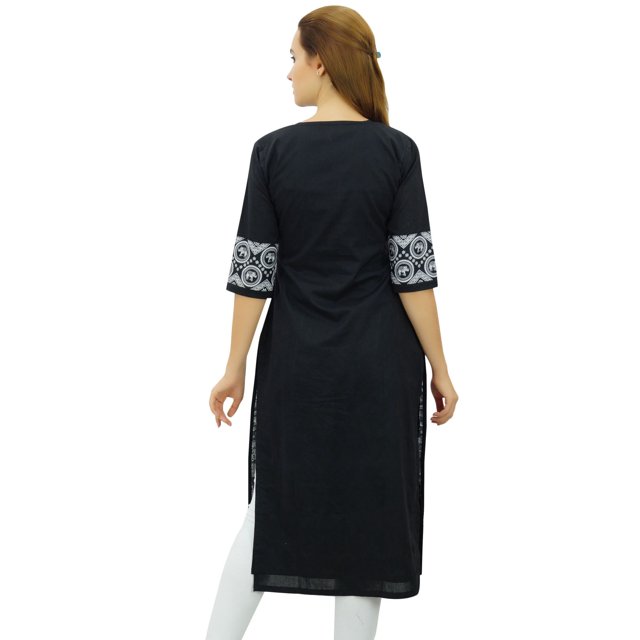 Phagun Kurta Droite Noire de Designer pour Femme, Manches 3/4, Kurti Décontractée Imprimée-16