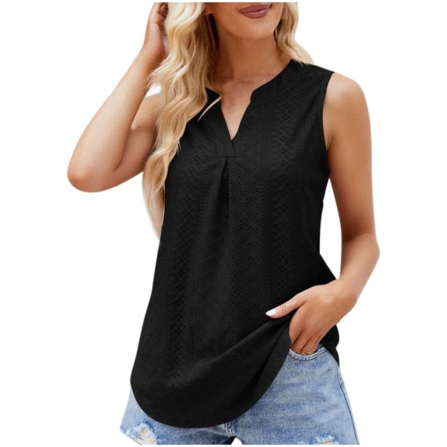 Timegard Womens Tank Tops Eyelet V Neck Ruched Tunic Tops Summer Beach Dressy Casual Solid Color Tee
