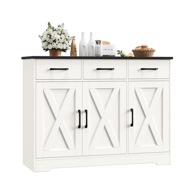 Homfa Buffet de Cuisine Style Ferme de 42,5 Po L, Armoire de Rangement à 3 Tiroirs avec Tablette Ajustable, Noir Blanc
