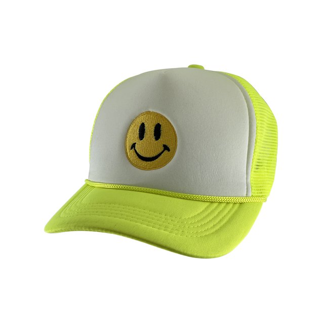 Gravity Threads Smile Face Embroidery Adjustable Trucker Hat - Smile - White/Neon Yellow