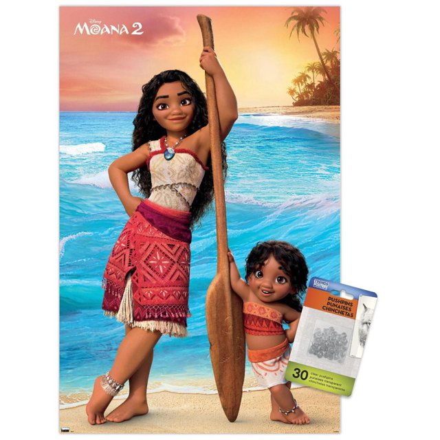 Disney Moana 2 - Affiche Murale Moana et Simea, 22,375 Pouces x 34 Pouces Encadrée, Représentant Moana Pieds Nus sur une Plage Sablonneuse Tenant une Pagaie en Bois Sculptée, Portant un Haut Crème avec Bordure Rouge et une Jupe à Motif Rouge, avec Simea en Tenue orange et Blanche à Ses Côtés, Posée sur un Océan Bleu et un Ciel au Coucher du Soleil avec des Palmiers, Convient à la Déco de la Maison et à la Décoration de Fête.