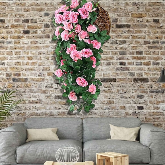 RRJ Simulated Rose Bouquet, Artificial Flower Wall Hanging Basket with Rattan Vine and Moss, Faux Floral Arrangement for Home Decor, Bedroom Living Room Kitchen Window Sill Decorations