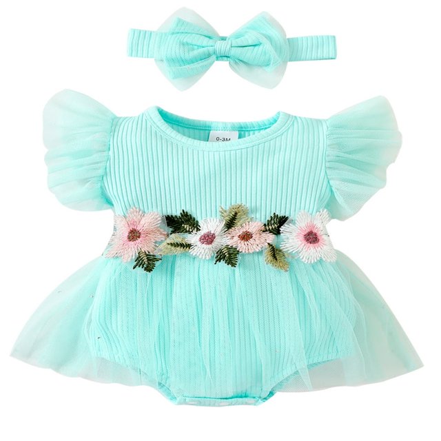 Infant Romper Dress Flower Leaves Embroidery Jumpsuits with Headband