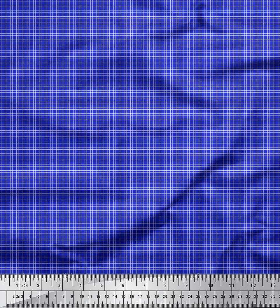 Soimoi Blue Silk Fabric Geometric Check Print Fabric by the Yard 42 Inch Wide