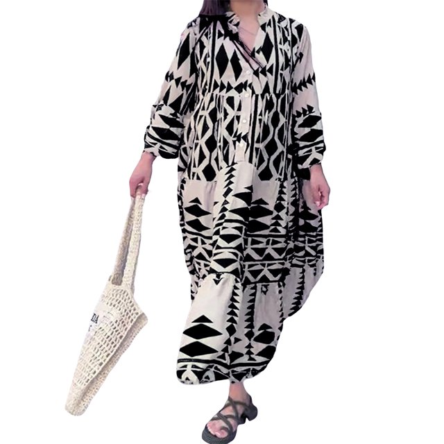 Fortune Robe Longue Bohème pour Femme Grande Taille à Manches Longues, Boutonnée, Robe Chemise à Imprimé Géométrique, Coupe Ample Évasée, Tailles P-4TG