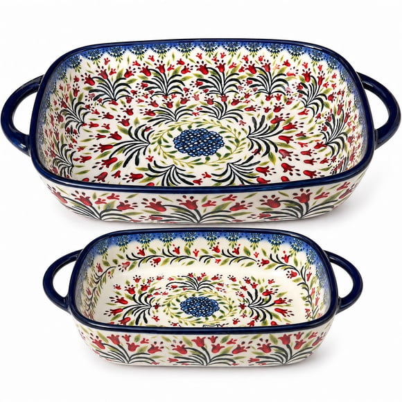 Polish Pottery Style Ceramic Baking Dish Set, 2-Piece Large & Small Casserole Bakers for 2�??3 People, Floral Oven-to-Table Bakeware, Microwave & Dishwasher S