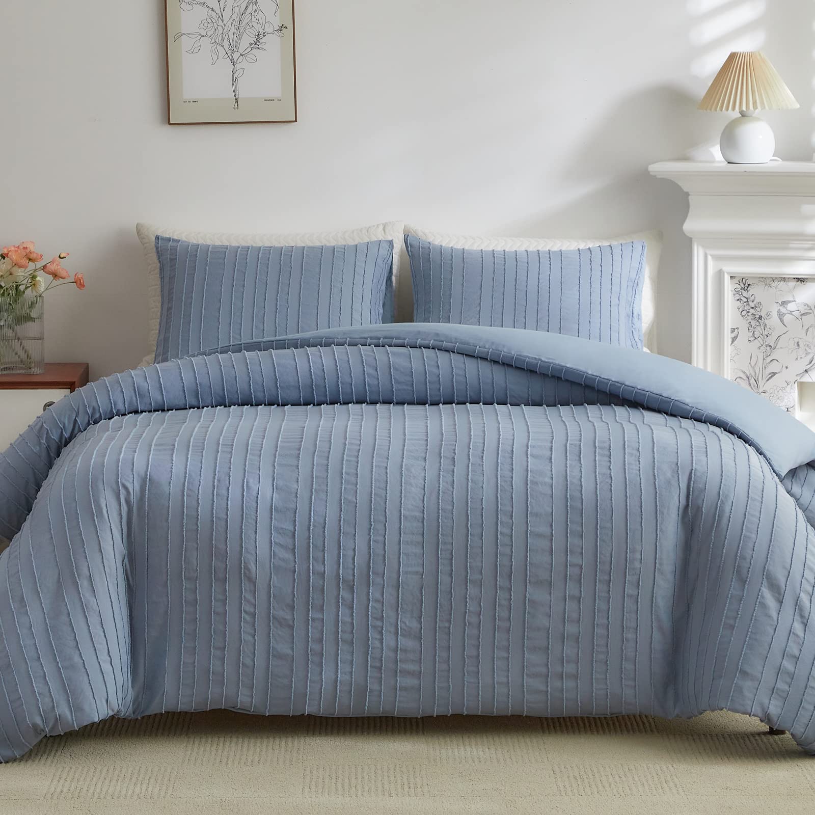 Warmdern Blue Boho Duvet Cover King Size, Striped Textured Duvet Cover Set Tufted Bedding Set, 3 Pcs Ultra Soft Washed Microfiber Duvet Cover With Zipper Closure (King, Blue)