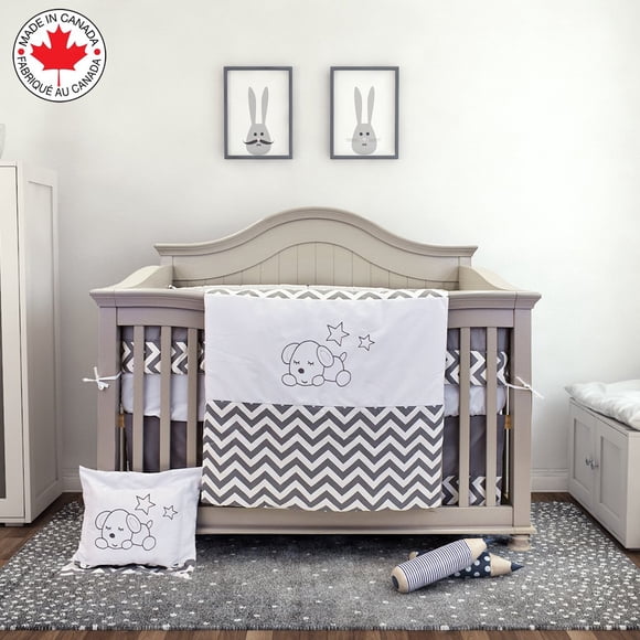 Bebelelo 7 Pieces Baby Bedding Set - Nursery Crib Set Including Skirt, Comforter, Quilt Cover, Fitted Sheet, and More for Kids, Boys, Girls (Zig Zag Pattern with Gray Puppy Embroidered)