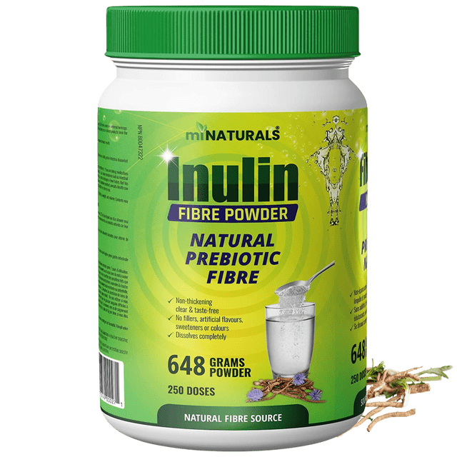 miNATURALS Pure Inulin Fiber Powder, a natural prebiotic fibre supplement made from chicory root, shown in a 648-gram container with 250 doses. The green and yellow label highlights its benefits, including being clear, taste-free, non-GMO, vegan, and gluten-free. The packaging also emphasizes its ability to promote good bacteria, improve digestion, and support weight management. A glass with dissolved powder and chicory root illustrations are featured on the label.