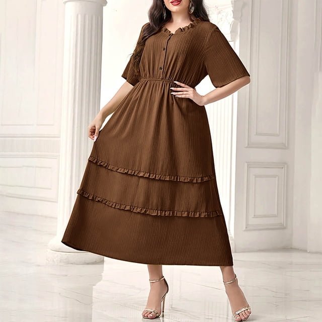 Ovzne Robes Grande Taille pour Femmes aux Formes Robe de Plage Mode Robe Grande Taille pour Femmes Couleur Unie Col Rond Manches Courtes Taille à Boucle Robe en Dentelle Robe Maxi Grande Taille Manches Courtes Liquidation