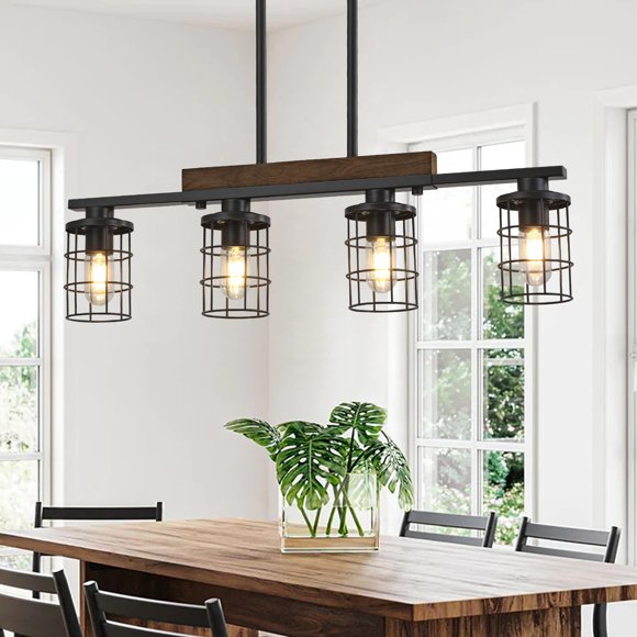 30" Farmhouse Kitchen Light Fixture, Black Hanging Kitchen Chandelier, 4-Light Rustic Dining Room Light Adjustable Height with Wood and Metal Frame,
