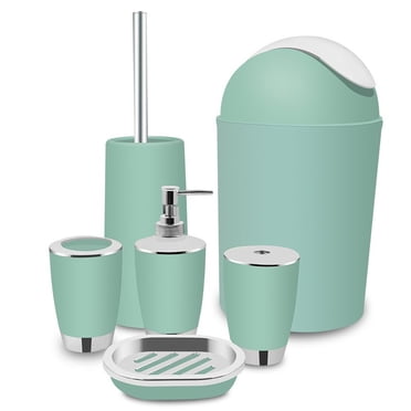 HURRISE Ensemble d'Accessoires de Salle de Bain 6 Pcs, Ensemble de Bain en Plastique Bouteilles de Lotion, Porte-Brosse à Dents, Tasse à Dents, Porte-Savon, Brosse de Toilette, Poubelle, Menthe