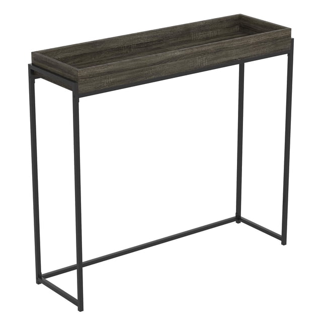 Safdie & Co. Console Table 35L Dark Grey Sunken Tray with a rectangular dark grey wood sunken tray top supported by a slim black metal frame with open sides, suitable as a modern living room accent table or entryway console.