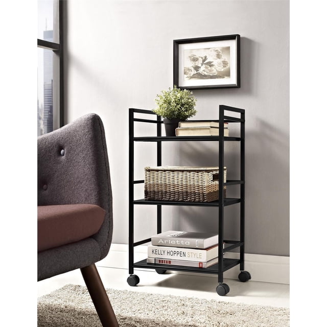 Black Ameriwood Marshall 3 shelf metal rolling utility cart with books, potted plant, and woven basket in contemporary living space.