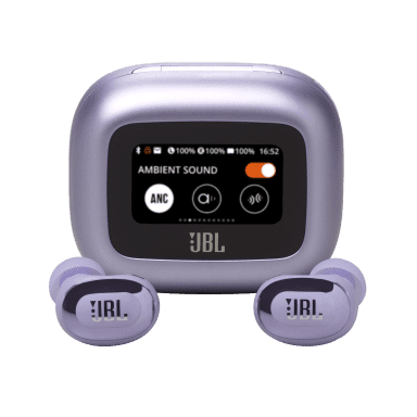 JBL Live Buds 3 Écouteurs TWS Violet avec Étui de Recharge Intelligent Affichant les Commandes Sonores Ambiantes, Incluant de Véritables Icônes Adaptatives à Réduction de Bruit (ANC), de volume et de mode Son, Conçus pour un Audio Sans Fil Haute Résolution et une Personnalisation Sans Application.