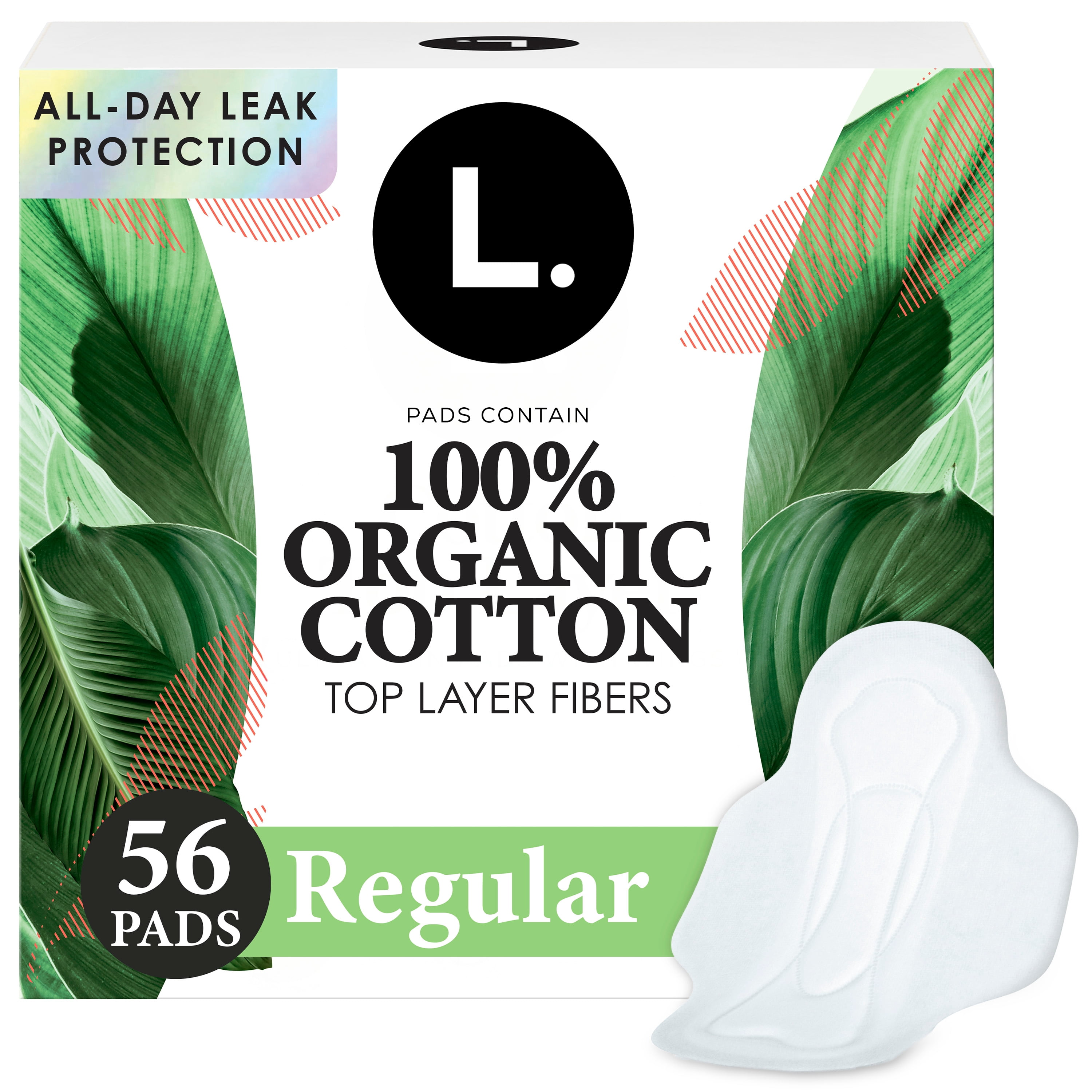 Serviettes menstruelles L. ultraminces pour femmes, degré d’absorption régulier, voile supérieur en coton biologique, avec ailes, 56 U